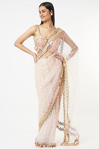 blush pink aari embroidered pre-stitched saree set