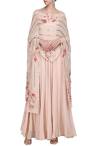 blush pink anarkali gown with embroidered cape dupatta
