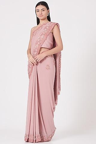 blush pink applique embroidered saree set