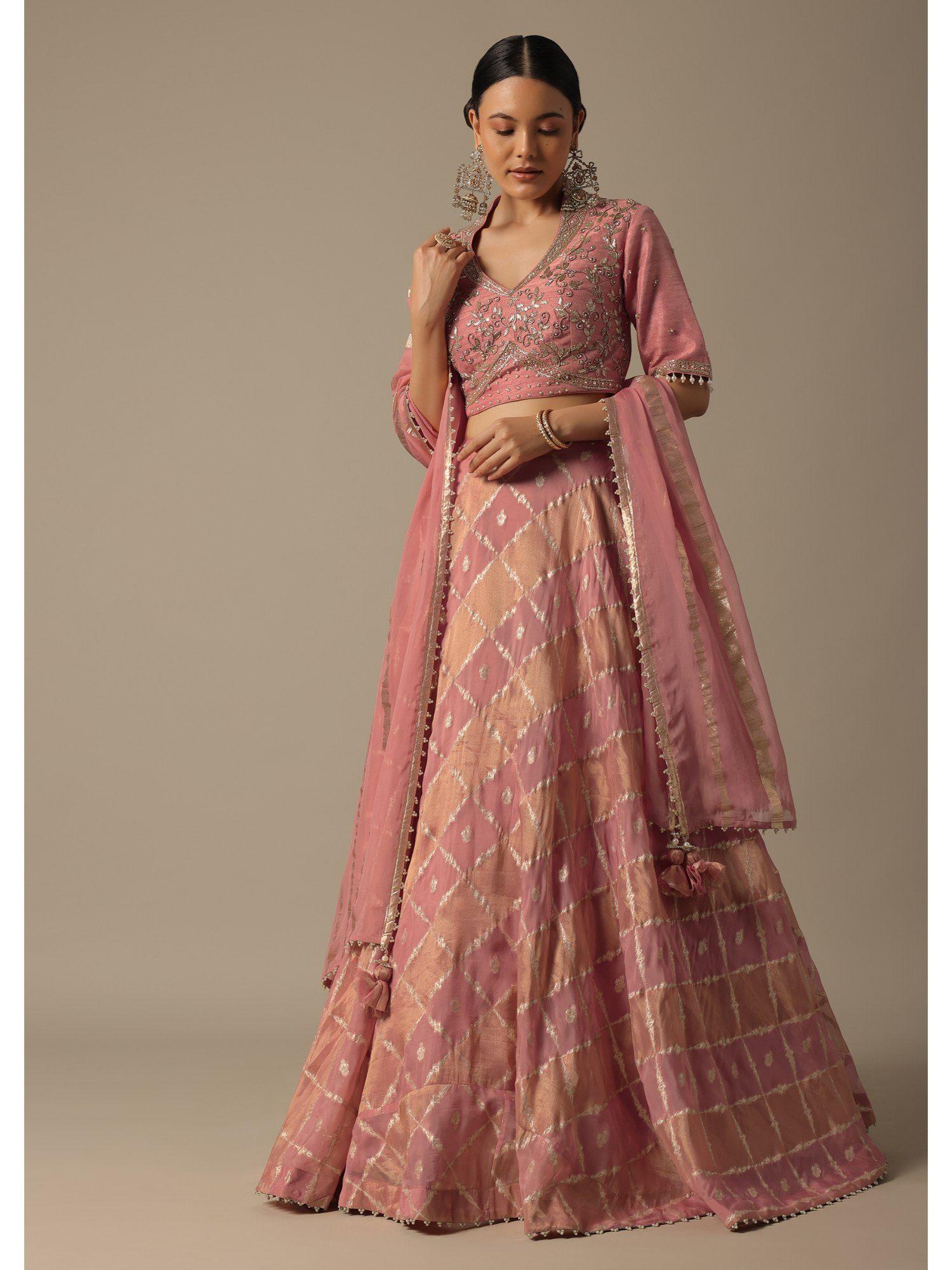 blush pink banarasi embroidered lehenga with choli & dupatta (set of 3)