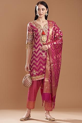 blush pink banarasi silk embroidered kurta set