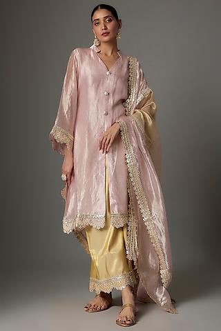 blush pink banarasi tissue silk gota patti embroidered kurta set