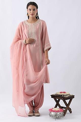 blush pink bemberg silk dori & thread embroidered a-line kurta set