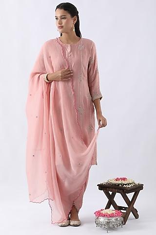 blush pink bemberg silk dori & thread embroidered kurta set