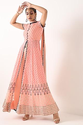 blush pink block printed anarkali set