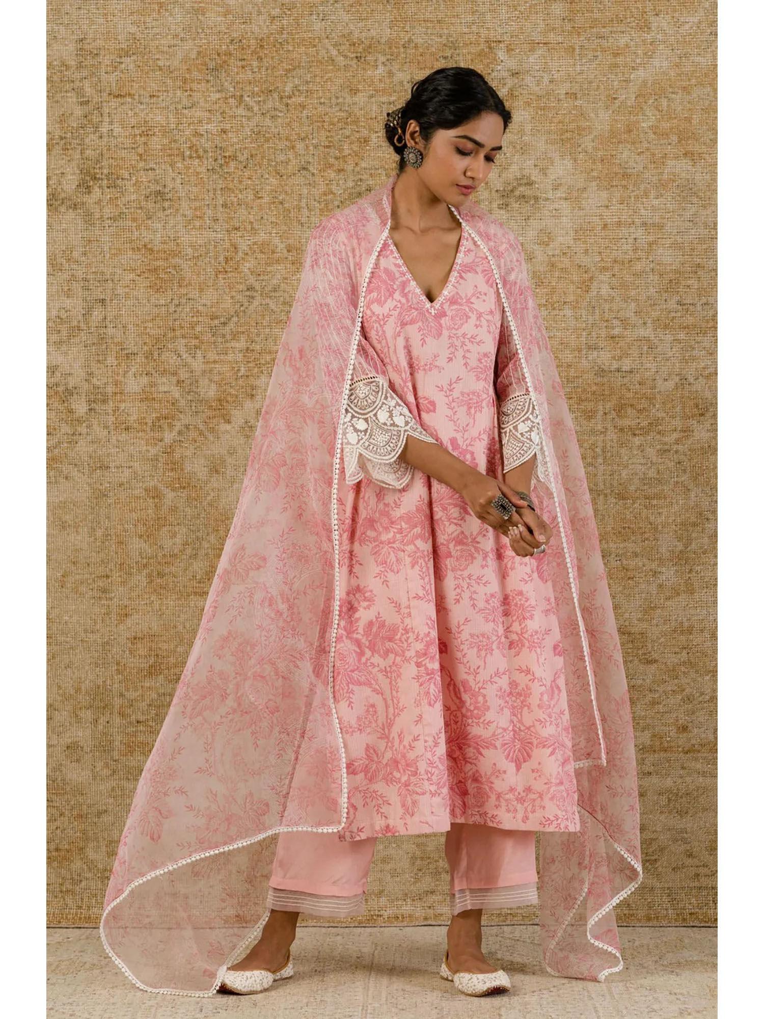 blush pink block printed kurta and palazzo with dupatta (set of 3)