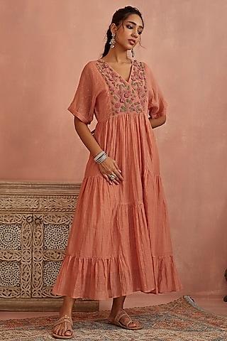 blush pink chanderi block printed & hand embroidered gathered dress