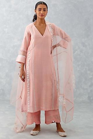 blush pink chanderi embroidered & printed kurta set