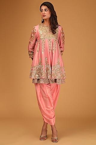blush pink chanderi embroidered short kurta set