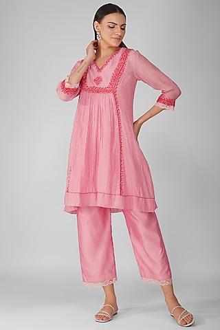blush pink chanderi embroidered tunic set