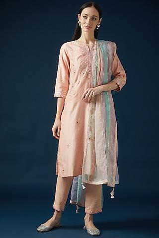 blush pink chanderi hand embroidered kurta set