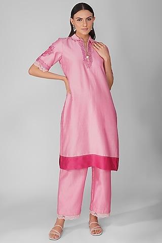 blush pink chanderi hand embroidered tunic set