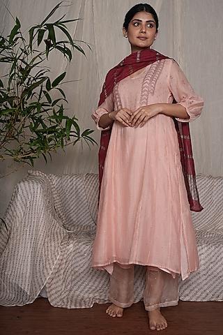 blush pink chanderi mul embroidered kurta set