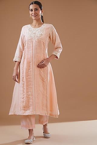 blush pink chanderi silk hand embroidered kurta set