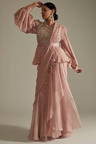 blush pink chiffon & organza draped saree set
