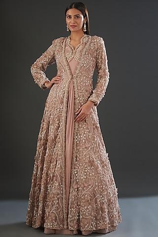 blush pink chiffon embellished anarkali with jacket