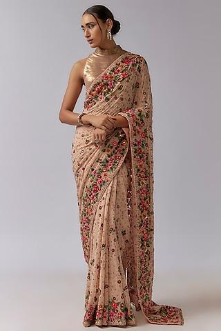 blush pink chiffon floral embroidered saree set