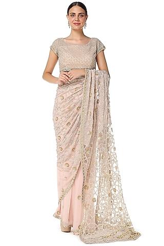 blush pink chiffon pearl embroidered saree set