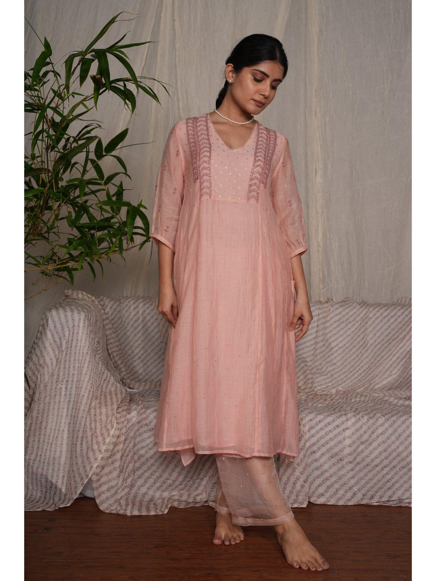 blush pink chikan chanderi mull kurta & cotton silk pant (set of 2)
