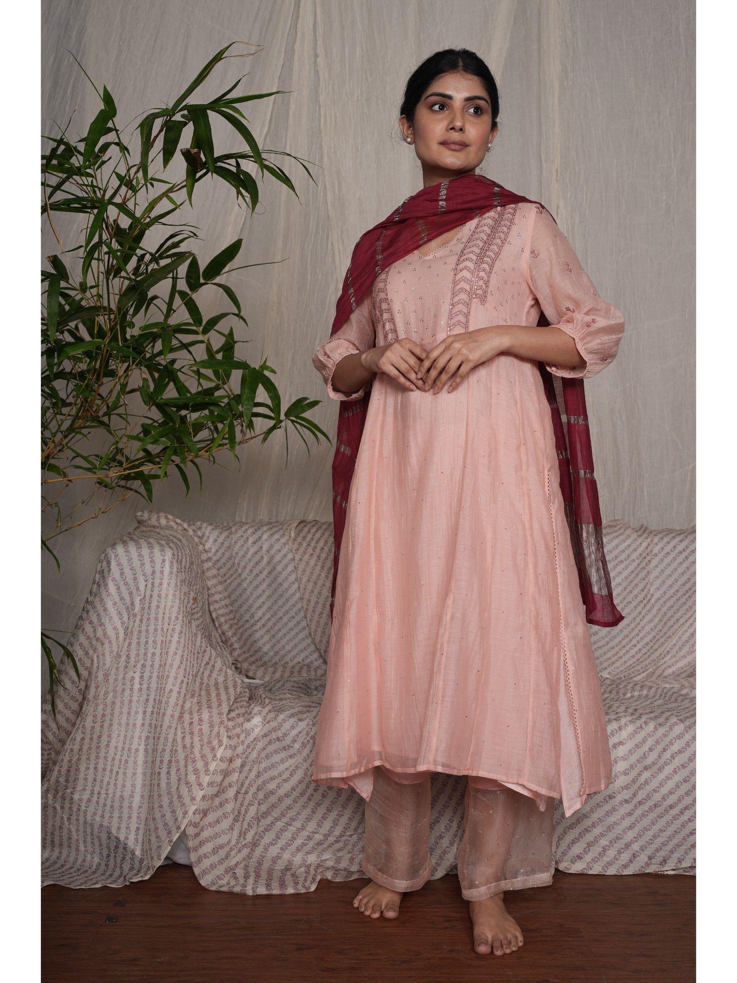 blush pink chikan embroidered kurta (set of 3)