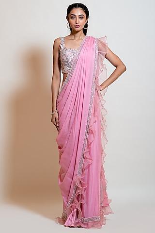 blush pink chinon embellished pre-draped saree set
