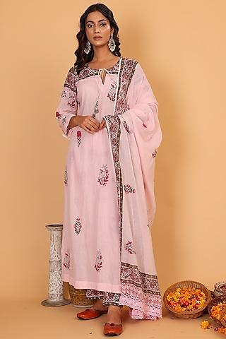 blush pink cotton hand block printed high-low kurta set