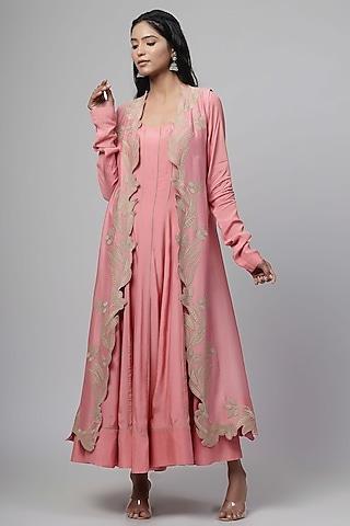 blush pink cotton silk applique embroidered anarkali set