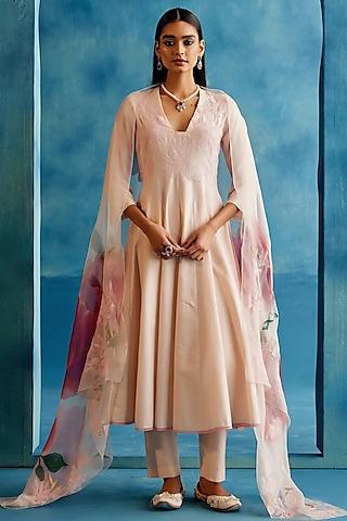 blush pink cotton silk thread embroidered kalidar anarkali set