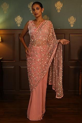 blush pink crepe hand embroidered pleated saree set
