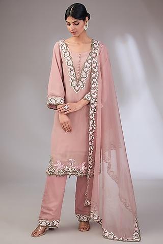 blush pink crepe machine embroidered kurta set