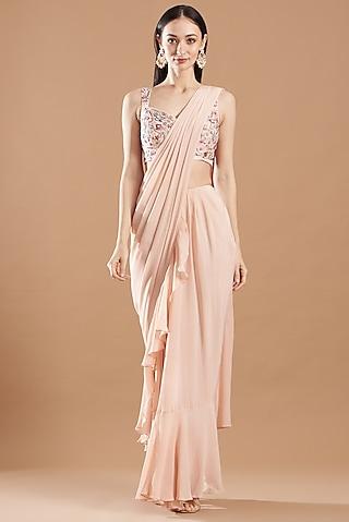 blush pink crepe pre-draped ruffled saree set