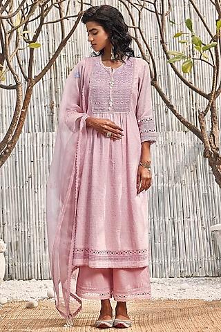 blush pink dobby cotton embroidered kurta set