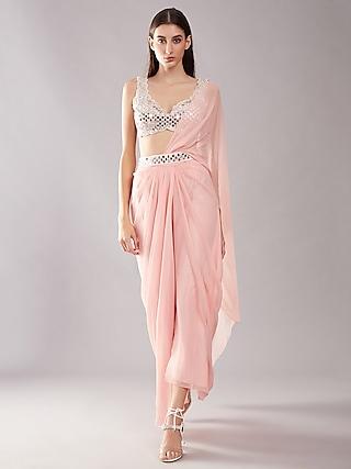 blush pink dupion draped saree set