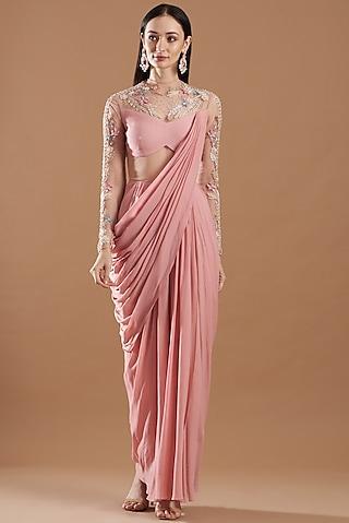 blush pink embellished gown saree