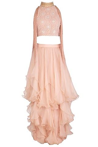 blush pink embellished lucknowi blouse with layered skirt