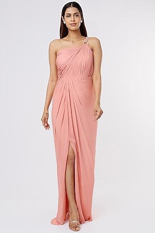 blush pink embellished one-shoulder gown