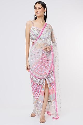 blush pink embellished pre-stitched saree set