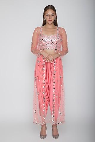 blush pink embroidered blouse with dhoti pants & cape