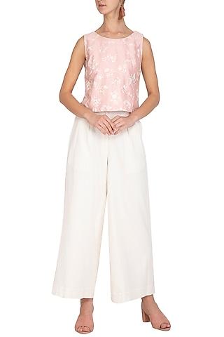 blush pink embroidered boxy top with off white culotte pants