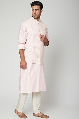 blush pink embroidered bundi jacket with ivory kurta set