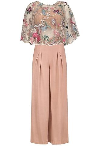 blush pink embroidered cape, palazzo pants and inner blouse set
