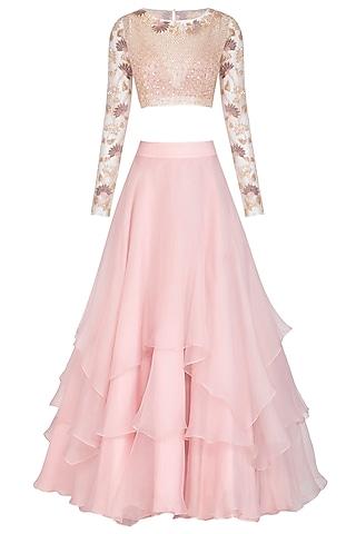 blush pink embroidered crop top with tiered skirt