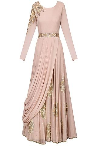 blush pink embroidered drape gown with embroidered belt