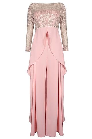 blush pink embroidered drape top with pink palazzos