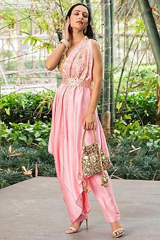 blush pink embroidered draped saree cape set