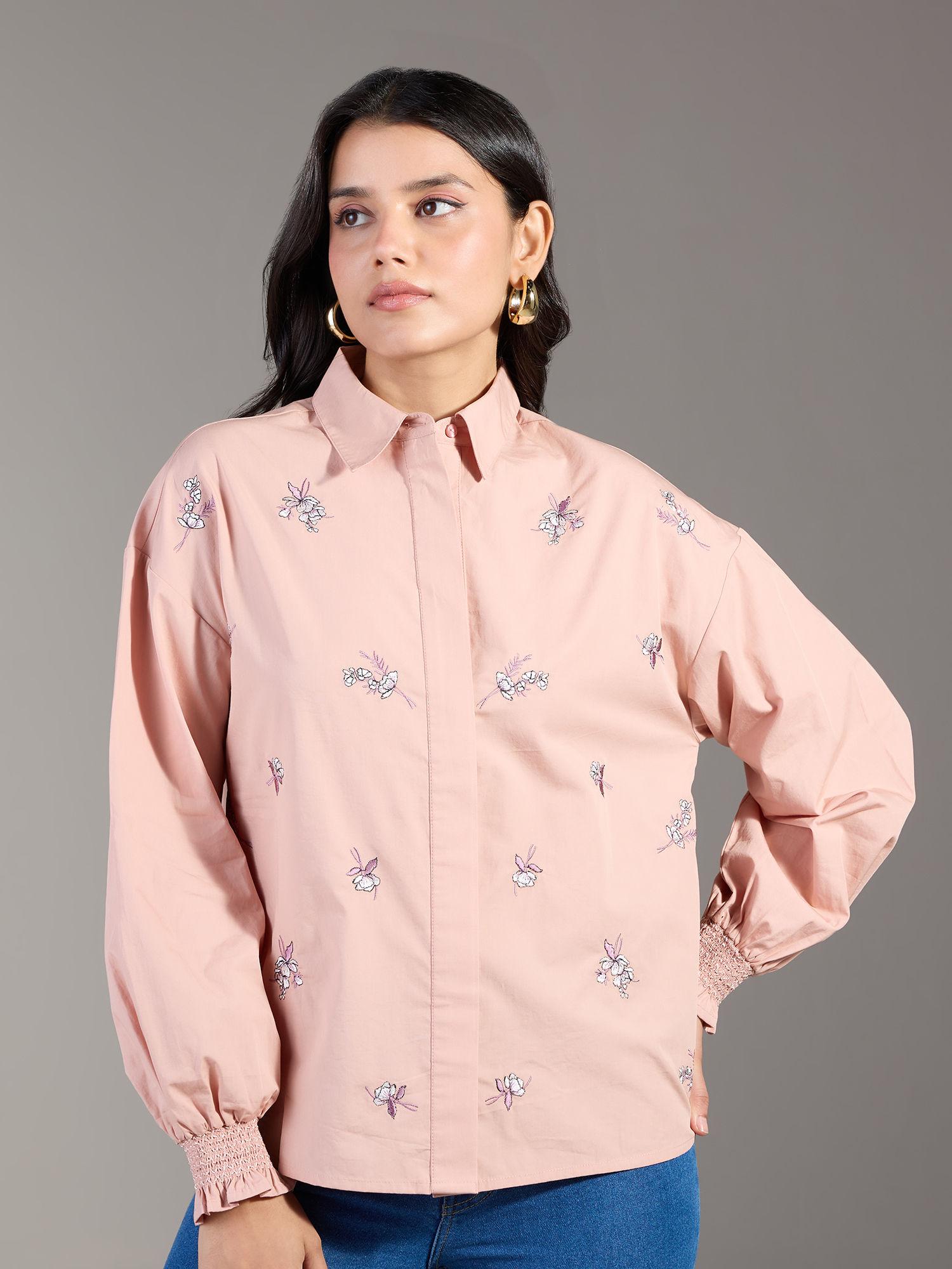 blush pink embroidered full sleeves straight fit shirt