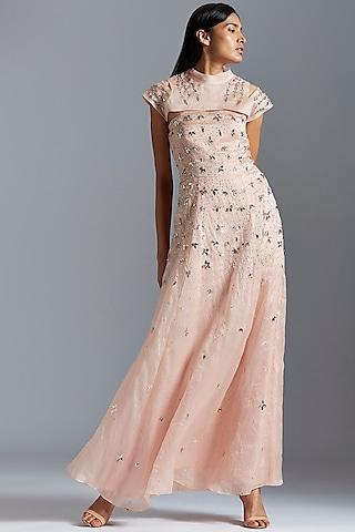 blush pink embroidered gown with shrug