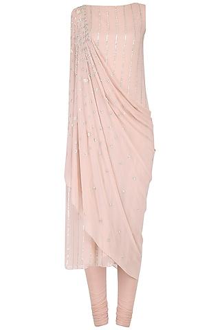 blush pink embroidered kurta with attached dupatta set