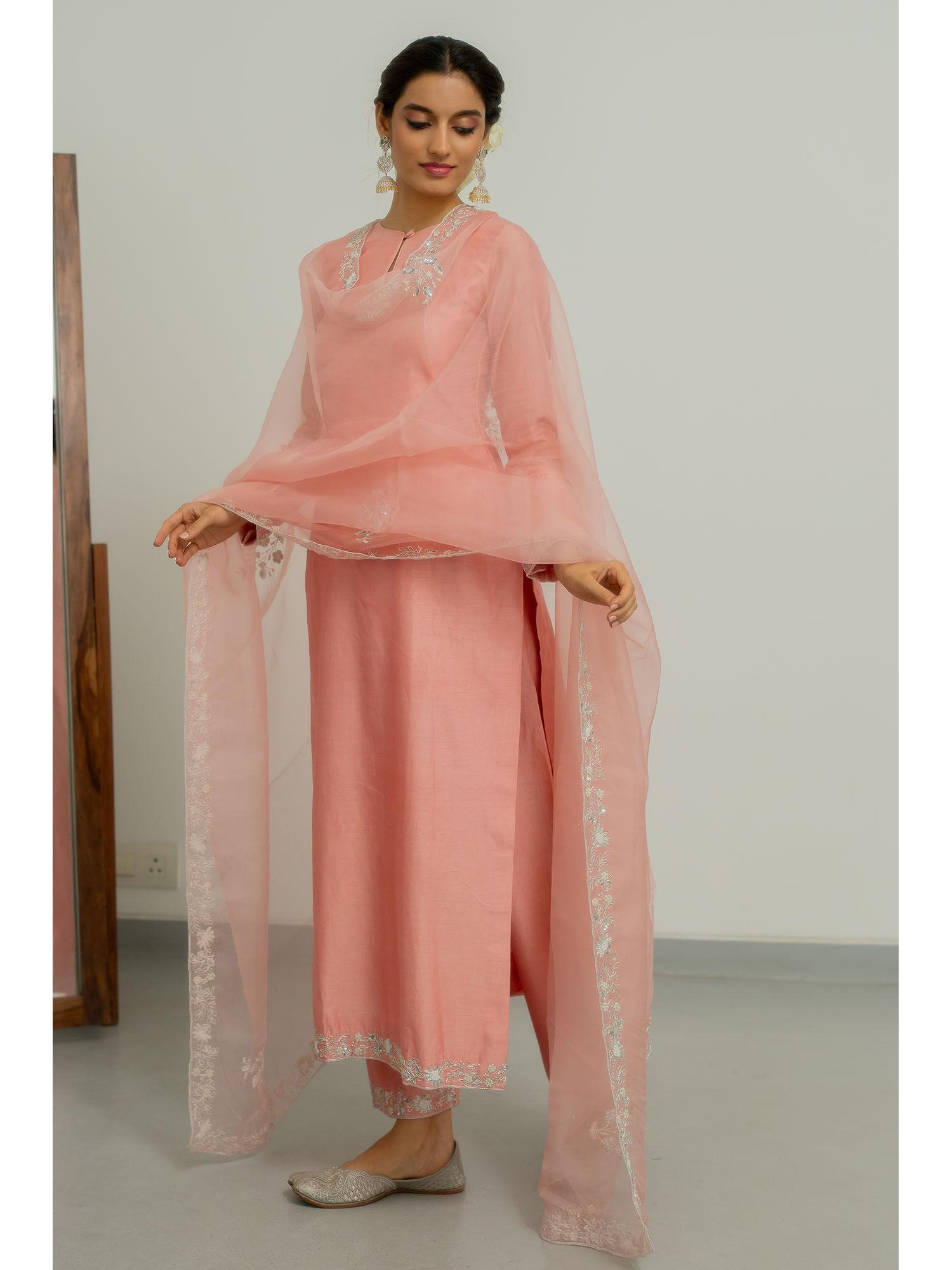 blush pink embroidered kurta with pant and dupatta (set of 3)