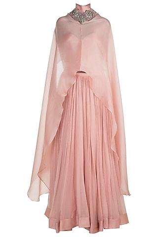 blush pink embroidered long cape with corset & skirt